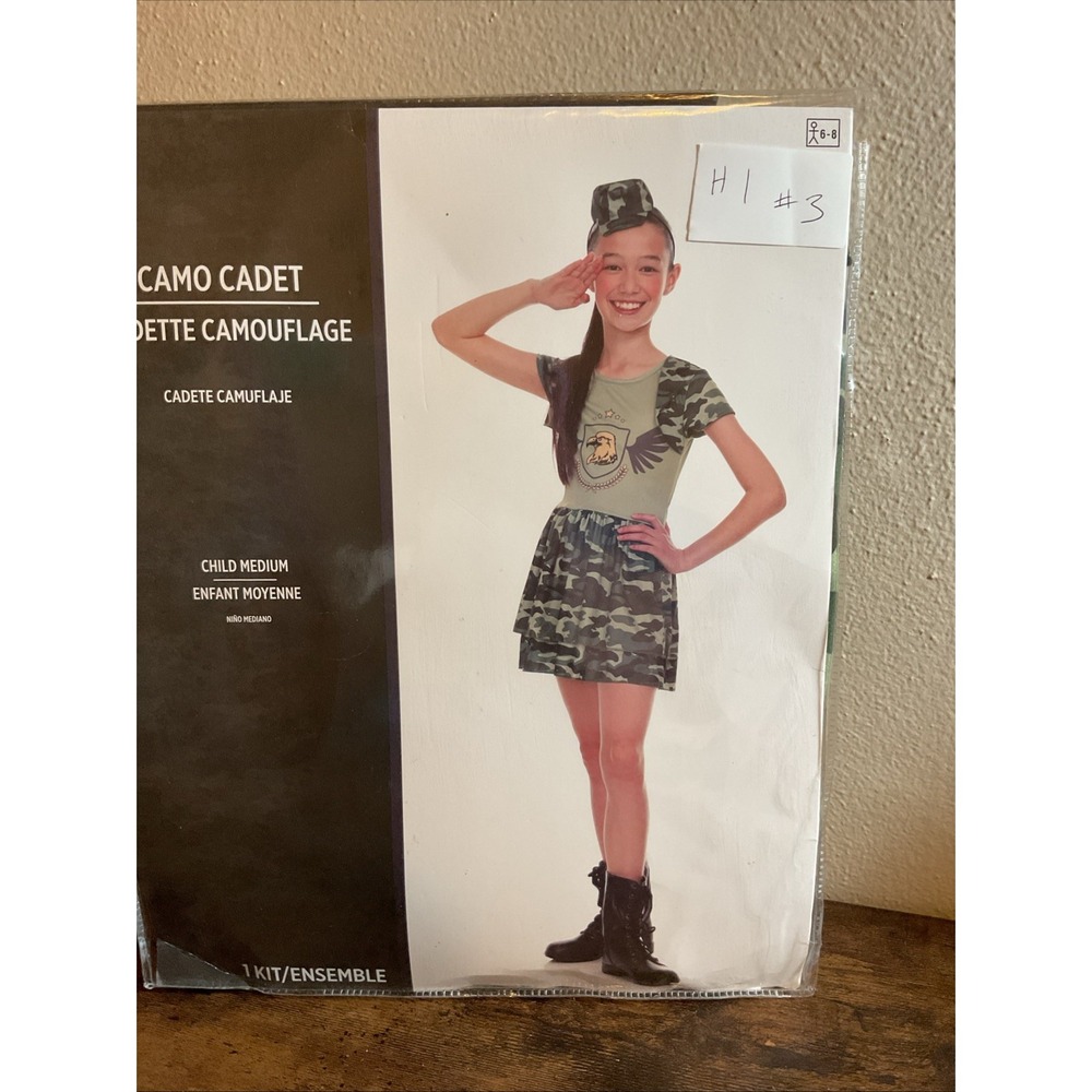 New Girls Camo Army Cadet Camouflage Halloween Costume Hat & Dress‎ Medium 6-8